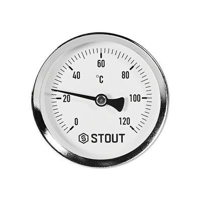 Термометр биметаллический аксиальный STOUT - 1/2" (D63 мм, шкала 0-120°C, с гильзой 50 мм)