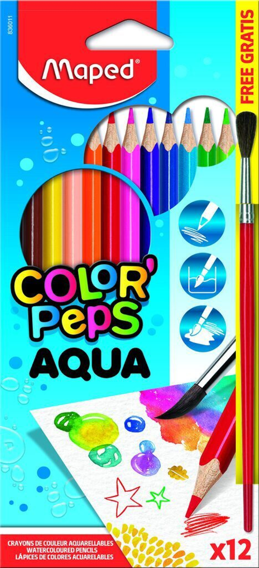Карандаши цвет. акварельные 12цв  Maped Color Peps трехгранные, с кисточкой, ударопрочные