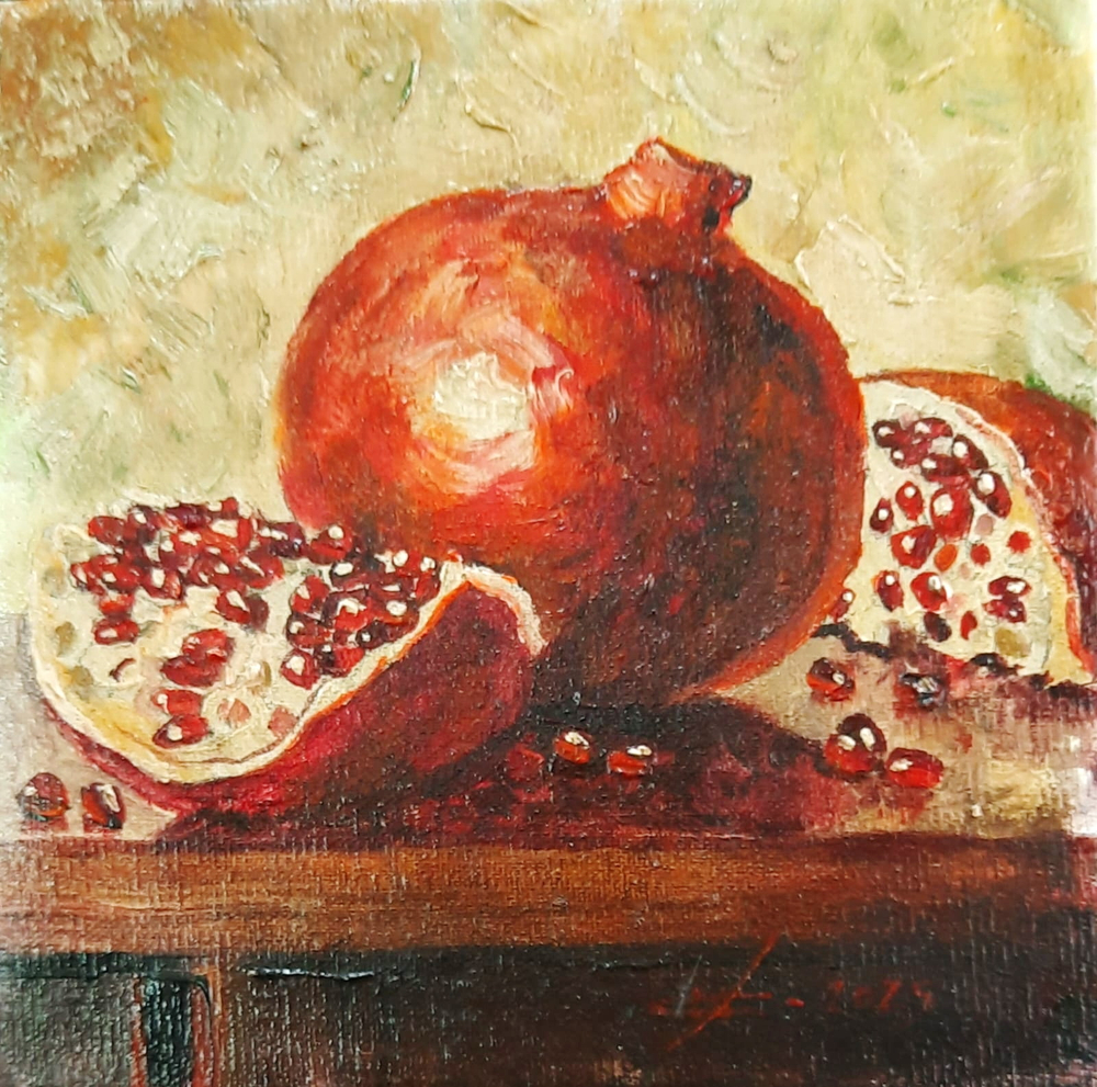 И.А. Сулковский "Натюрморт с гранатом" Холст, акрил. 20х20 см