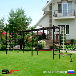 Уличная шведская стенка Sv Sport рукоход х 2 с комплектом турник прямой У52855.1 (Турник/Брусья/Стойка/Скамья/Гнездо 100см/Кронш бокс/Канат/кольца/лестница/Сетка)