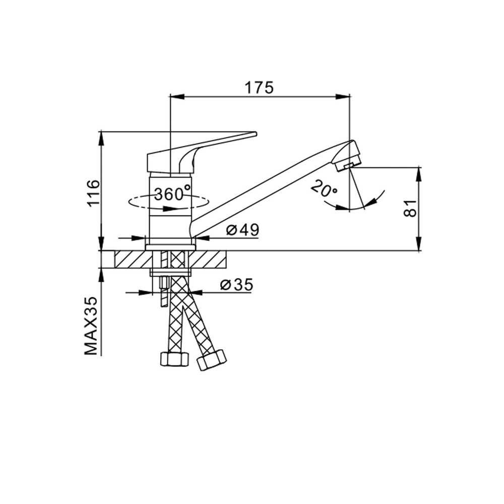 Смеситель для кухни 35к F4513 FRAP (плоский пов.излив, п/шпильку, хром, латунь)