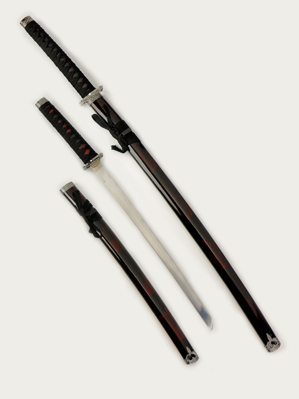 Набор самурайских мечей (катана и вакизаси) на подставке, ножны бордово-черный мрамор, цуба серебро