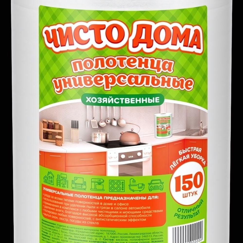 Полотенца универсальные ЧИСТО ДОМА 20*17 спанлейс 35г/м2 рулон 150шт
