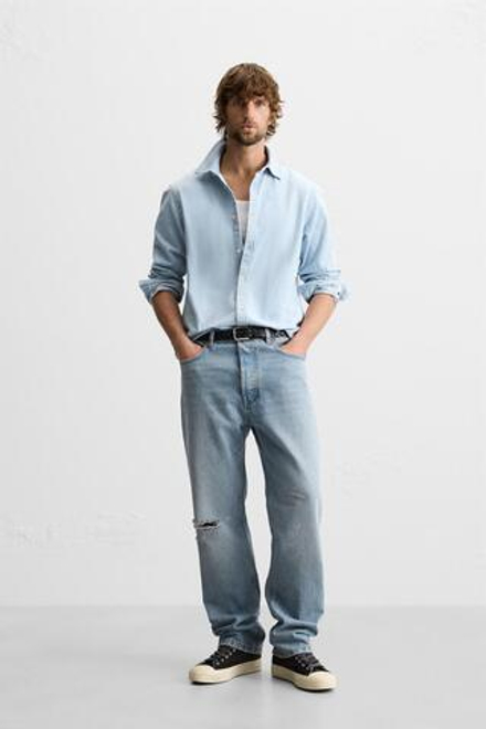 ZARA ДЖИНСЫ STRAIGHT FIT С ПРИНТОМ В ВИДЕ БРЫЗГ КРАСКИ, ВЫЦВЕТШИЙ СИНИЙ