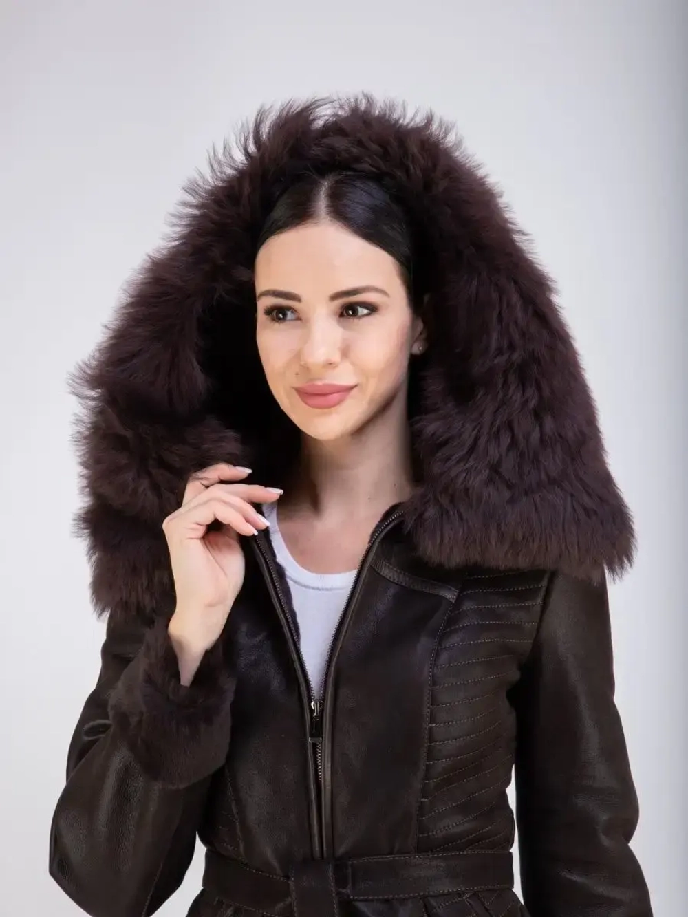 Дубленка женская натуральная с капюшоном длинная Турция