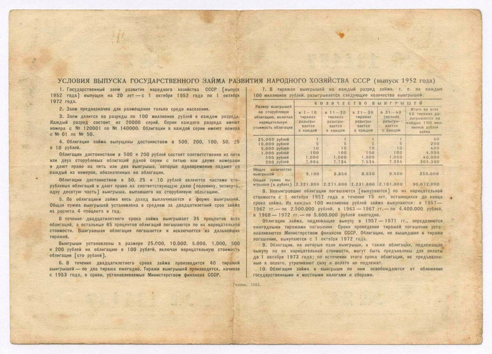 Облигация 100 рублей 1952 год. Серия № 134157. F-VF