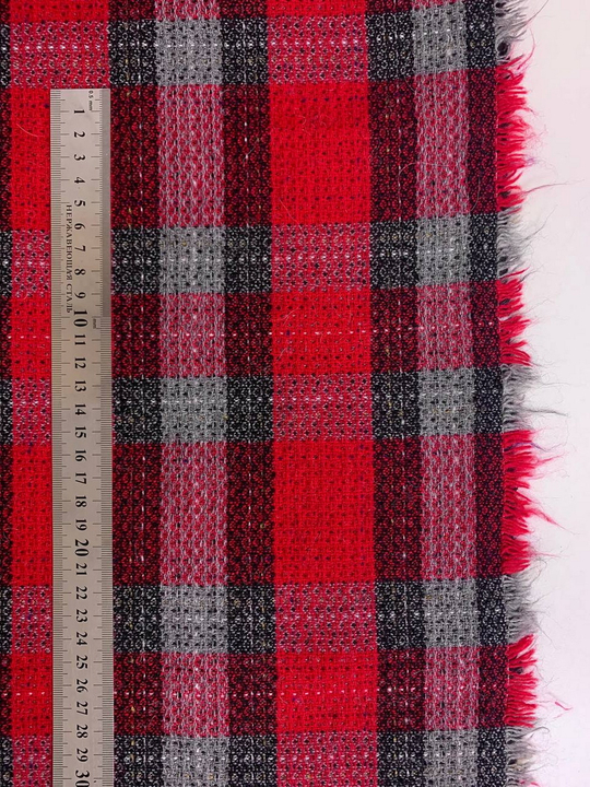 Пальтовая принт клетка, серый/красный/черный, шерсть, ворс