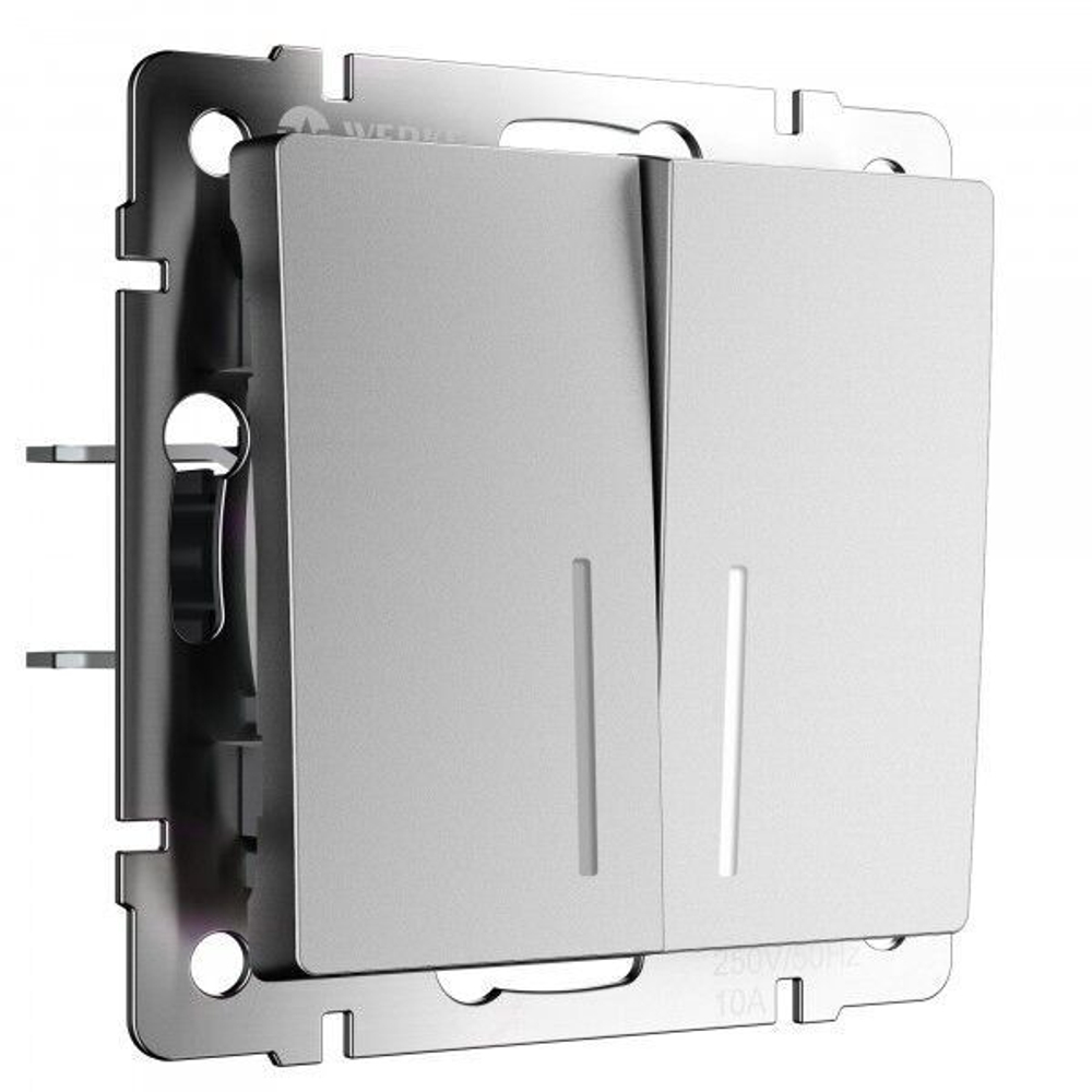 Выключатель двухклавишный проходной с подсветкой (серебряный матовый)