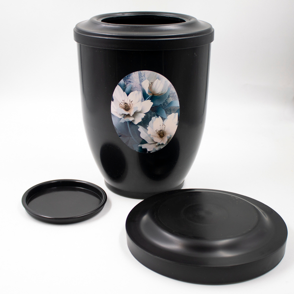 Урна пластик черная с большой крышкой, с овальным цветным рисунком