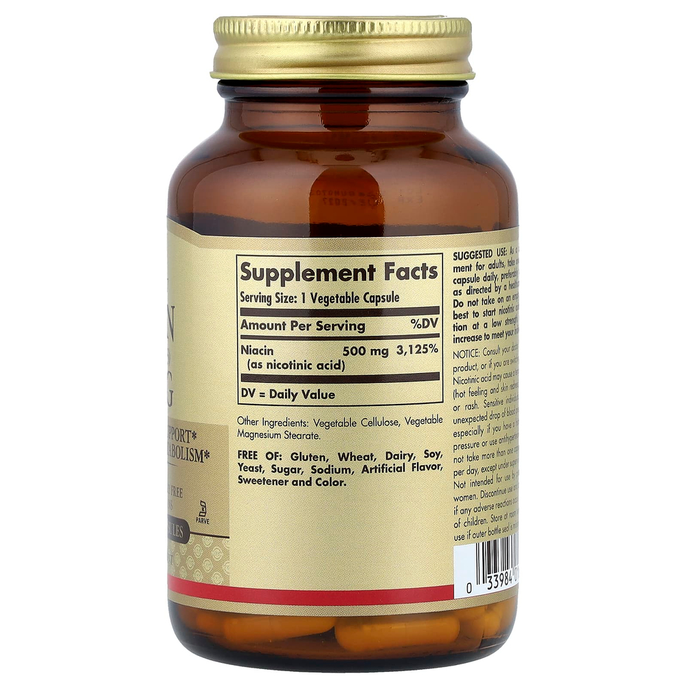 Solgar, Ниацин (витамин B 3), 500 мг, 100 растительных капсул