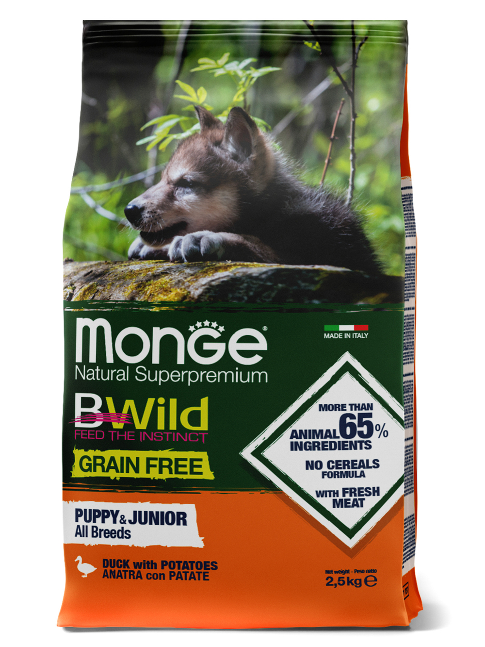 Monge Dog BWild GRAIN FREE беззерновой корм из мяса утки с картофелем для щенков всех пород 2,5 кг