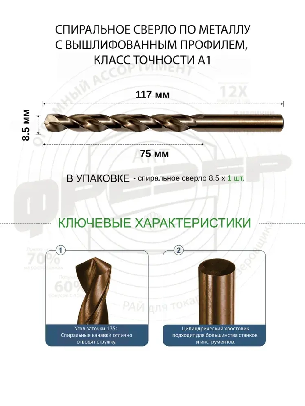 Сверло по металлу 8.5 мм цх Р6М5К5 А1 под резьбу М10 шаг 1.5 ГОСТ 10902
