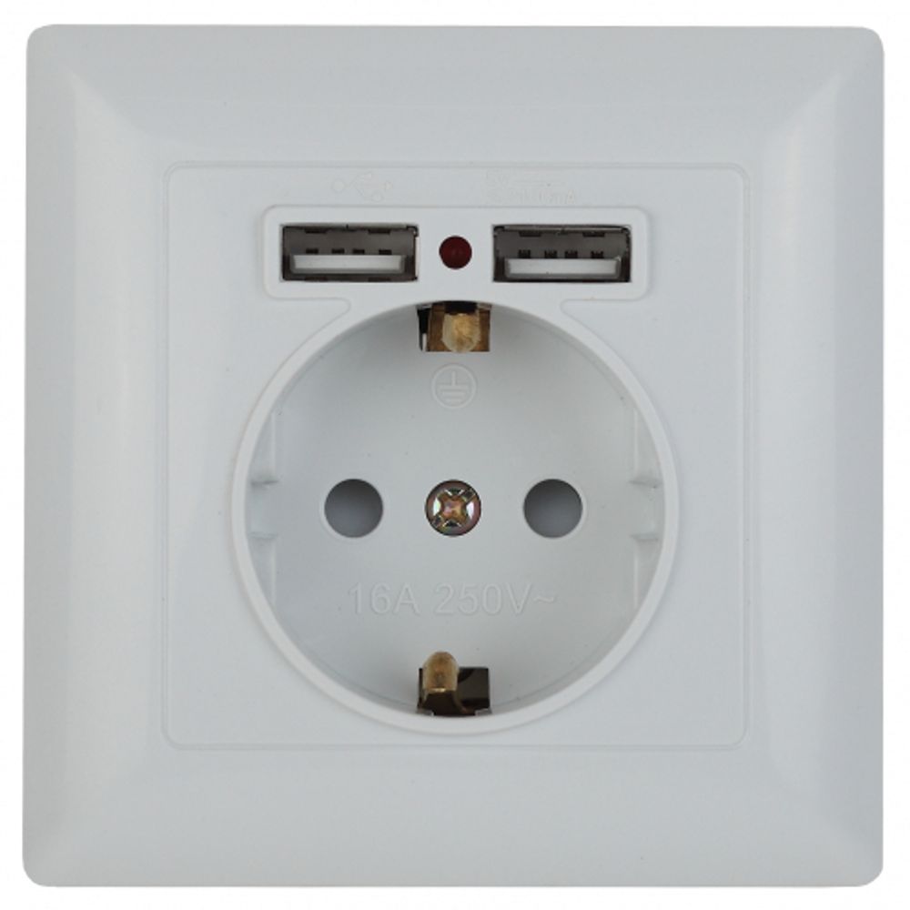 Розетка Intro Solo 4-410-01 с заземлением P+E Schuko со шторками, 16А-250В + 2хUSB, IP20, СУ, белый | Intro Solo