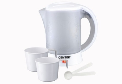 Чайник электрический дорожный 0,6 л пластиковый CENTEK CT-0054, 2 чашки, 2 ложки, мощность 600 Вт