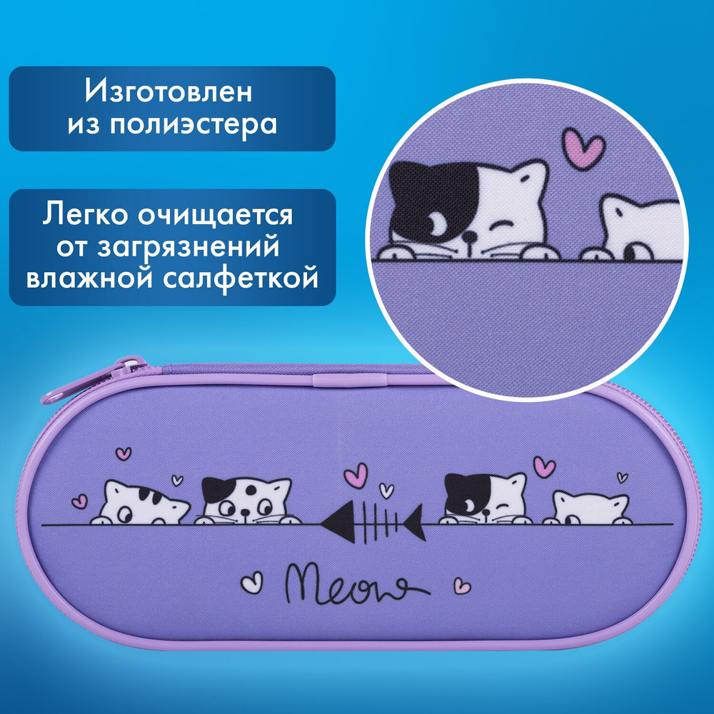 Пенал-футляр BRAUBERG 1 отделение органайзер полиэстер 22x9х5 см "Meow" (2 штуки в упаковке)