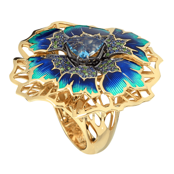 Кольцо с Топазом, Сапфирами и Цаворитами, Эмаль, R0275-5/2