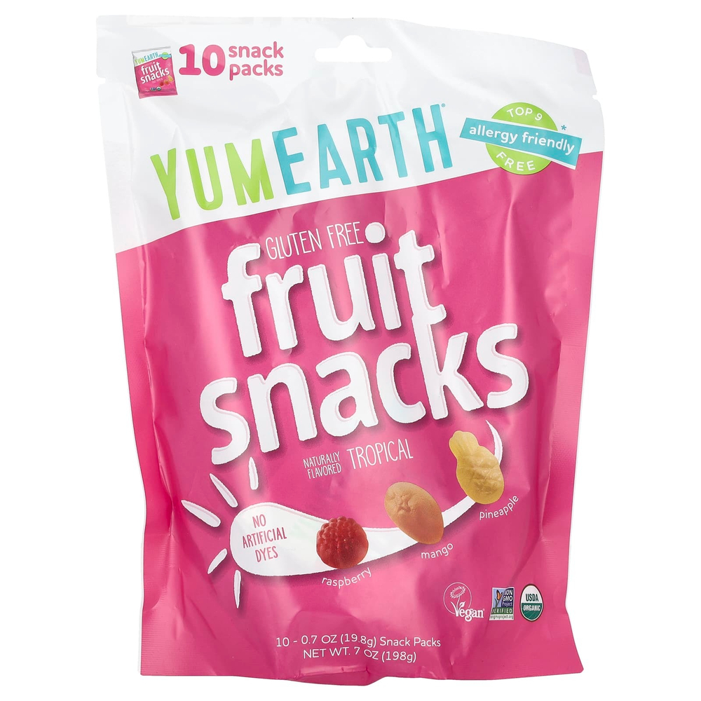 YumEarth, фруктовые снеки без глютена, со вкусом тропических фруктов, 10 упаковок по 19,8 г (0,7 унции)