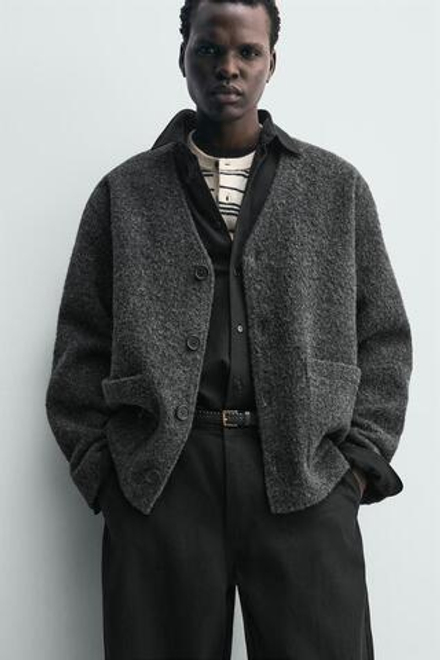 ZARA КАРДИГАН ИЗ РЕЛЬЕФНОЙ ТКАНИ С ШЕРСТЬЮ, АНТРАЦИТОВО-СЕРЫЙ