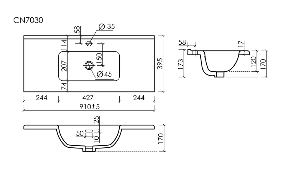 CN7030 Раковина мебельная накладная Compact 910x395x170, цвет белый
