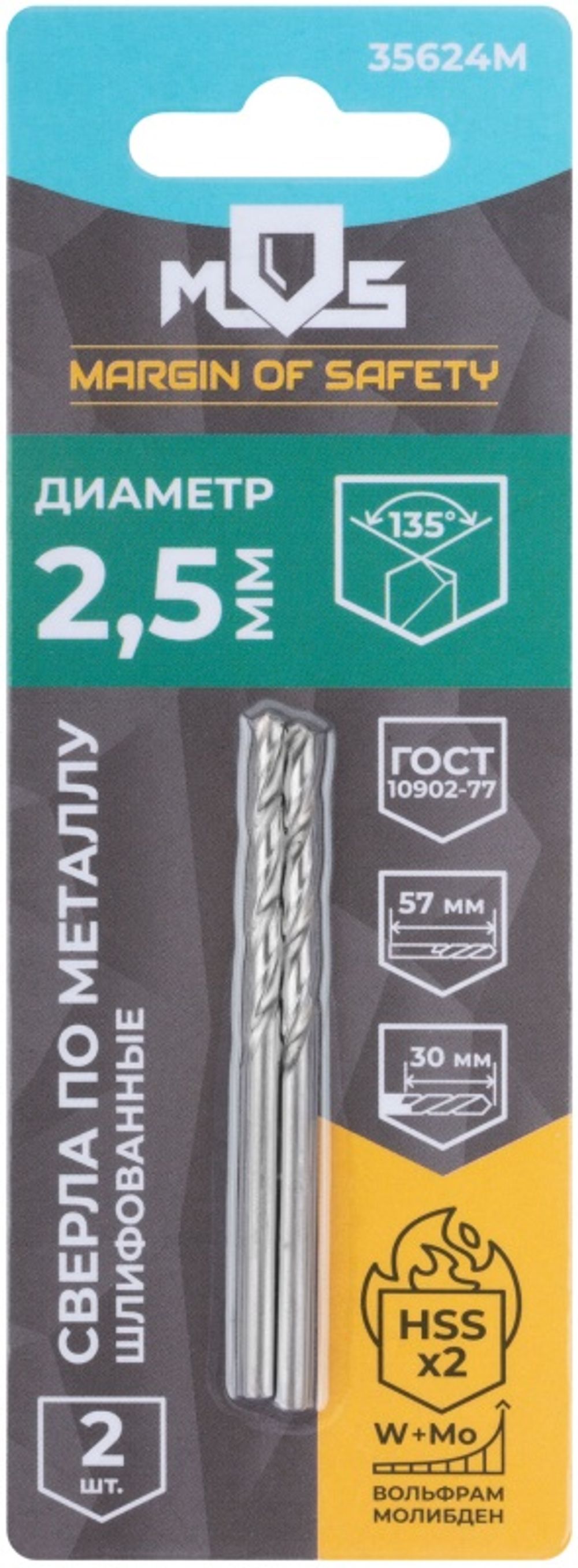 35624м Сверла по металлу hss шлифованные в блистере, угол заточки 135°, 2,5 x 57 мм (2 шт.)