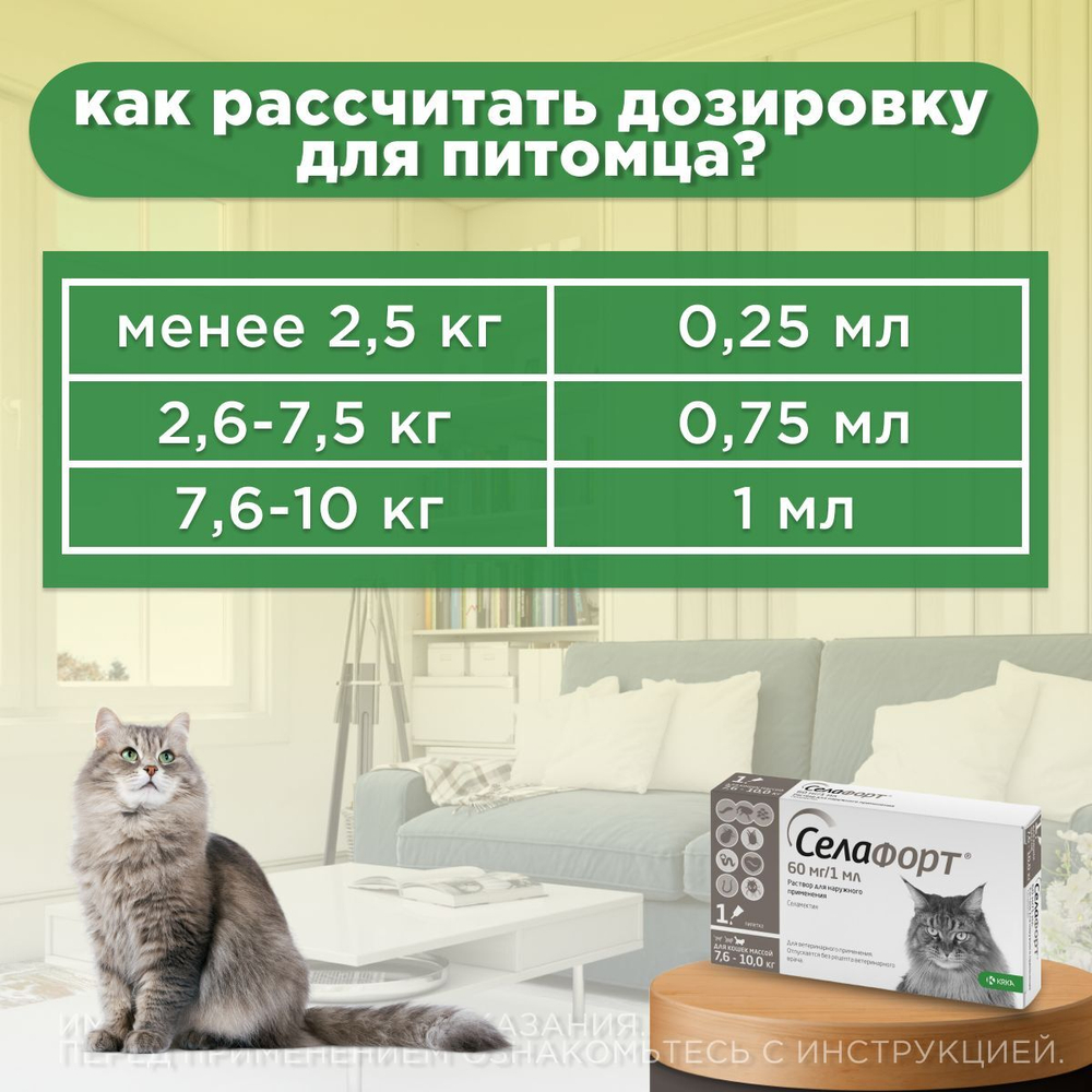 Капли от блох, клещей и гельминтов лечебные "KRKA" Для кошек массой от 7,6 до 10кг / "Селафорт 60 мг 1мл Селамектин