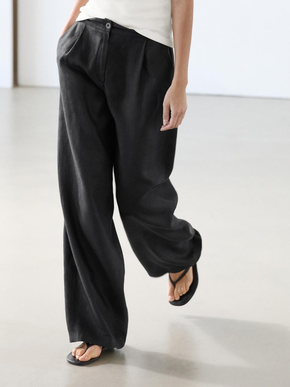 Massimo Dutti Широкие брюки на резинке из 100% льна, черный