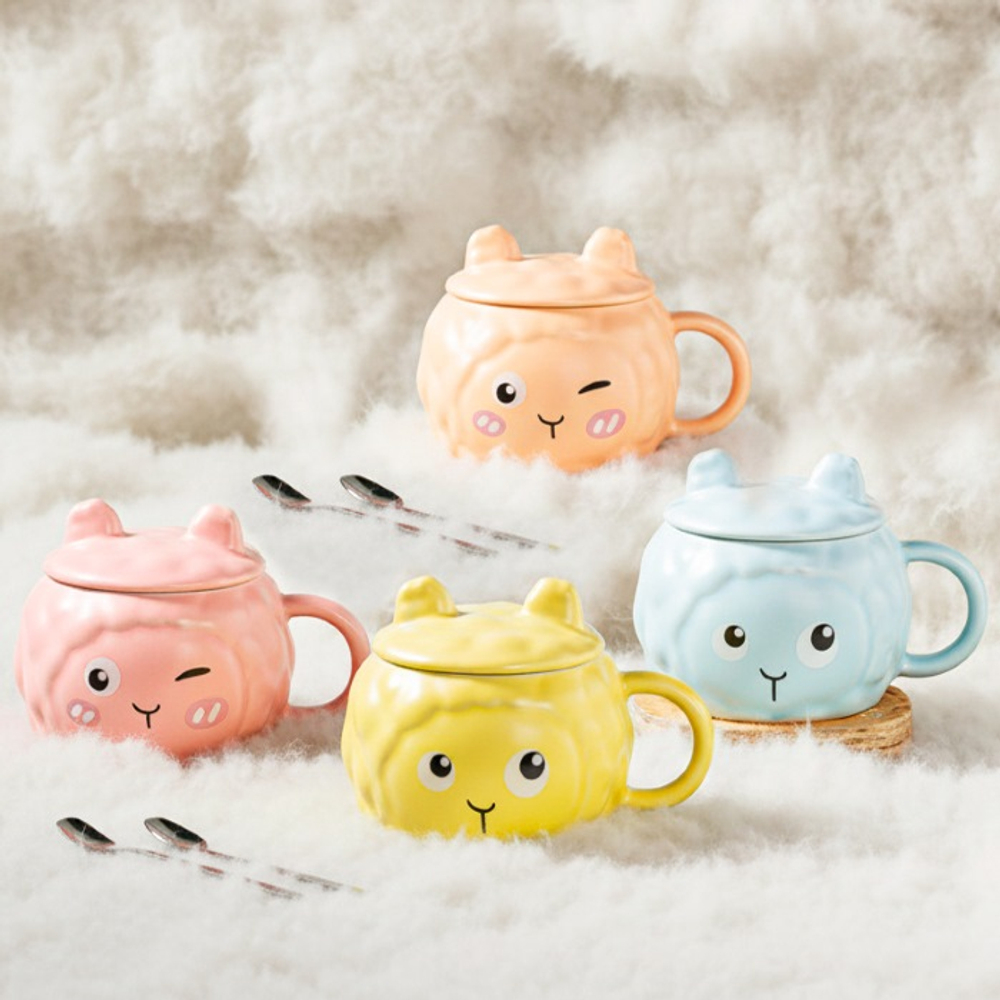 Керамическая кружка с крышкой и ложкой, розовый/голубой/желтый/персиковый, 370 мл