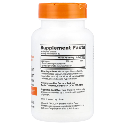 Doctor's Best, лизинат магния и глицинат с высокой степенью усвоения, хелатная форма, Albion® TRAACS®, 120 таблеток (100 мг в 1 таблетке)