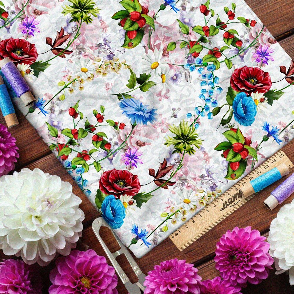 Ткань оксфорд 600 сочные контрастные цветы на бежевом фоне