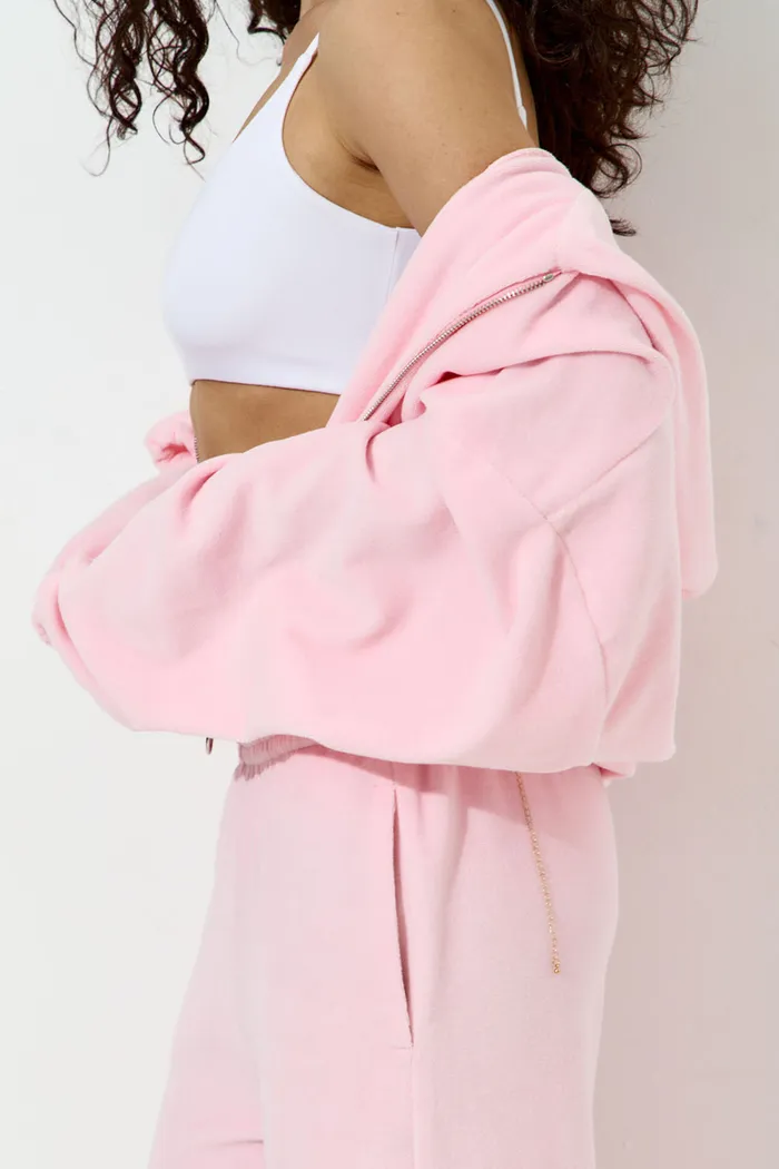 Худи на молнии из велюровой ткани розового цвета