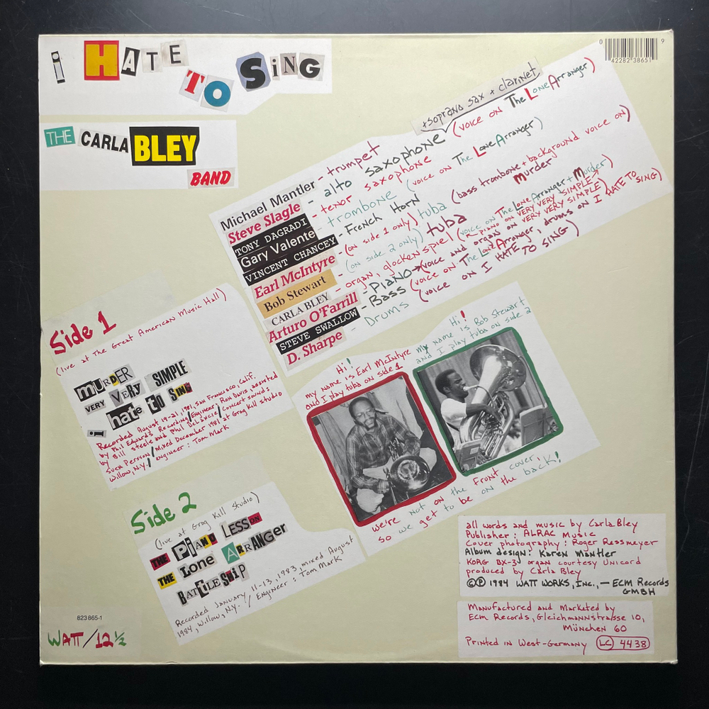 The Carla Bley Band ‎– I Hate To Sing (Германия 1984г.)