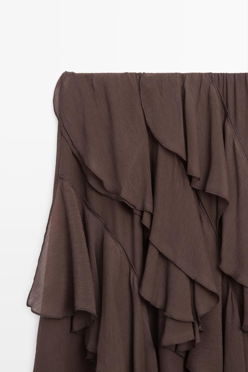 Massimo Dutti Струящаяся юбка миди с оборками, шоколадный