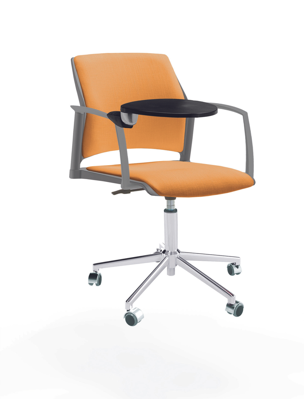 Кресло Rewind каркас хром, пластик серый, база стальная хромированная, с закрытыми подлокотниками и пюпитром, сиденье и спинка оранжевые
