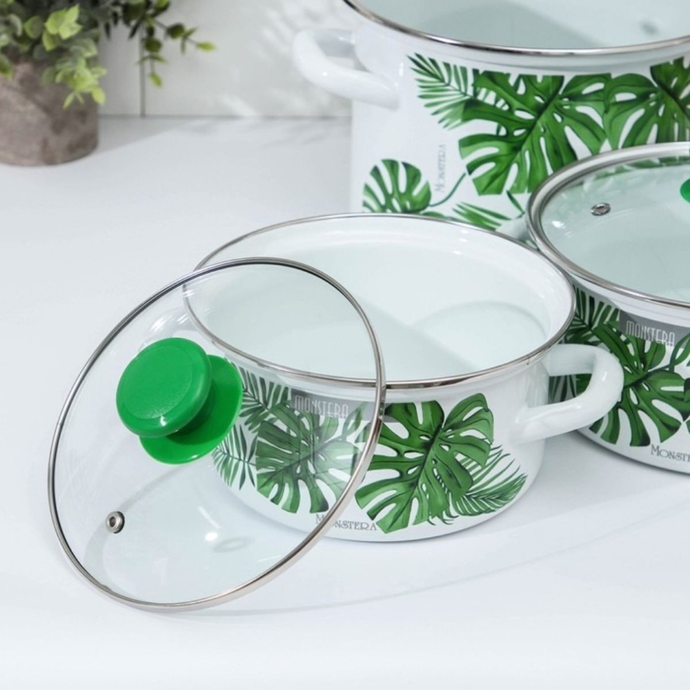 Набор эмалированной посуды 6 пр, кастрюли 1.5, 2.3, 5 л, Керчь, Монстера, бел