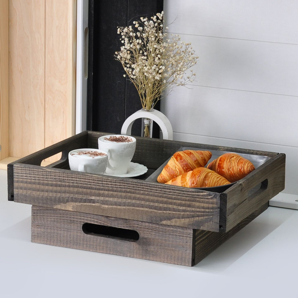 Набор деревянных подносов 38х28 см в стиле рустик (состаренный), 2 шт, столики для завтрака в постель Флоутард, для кухни, бурый