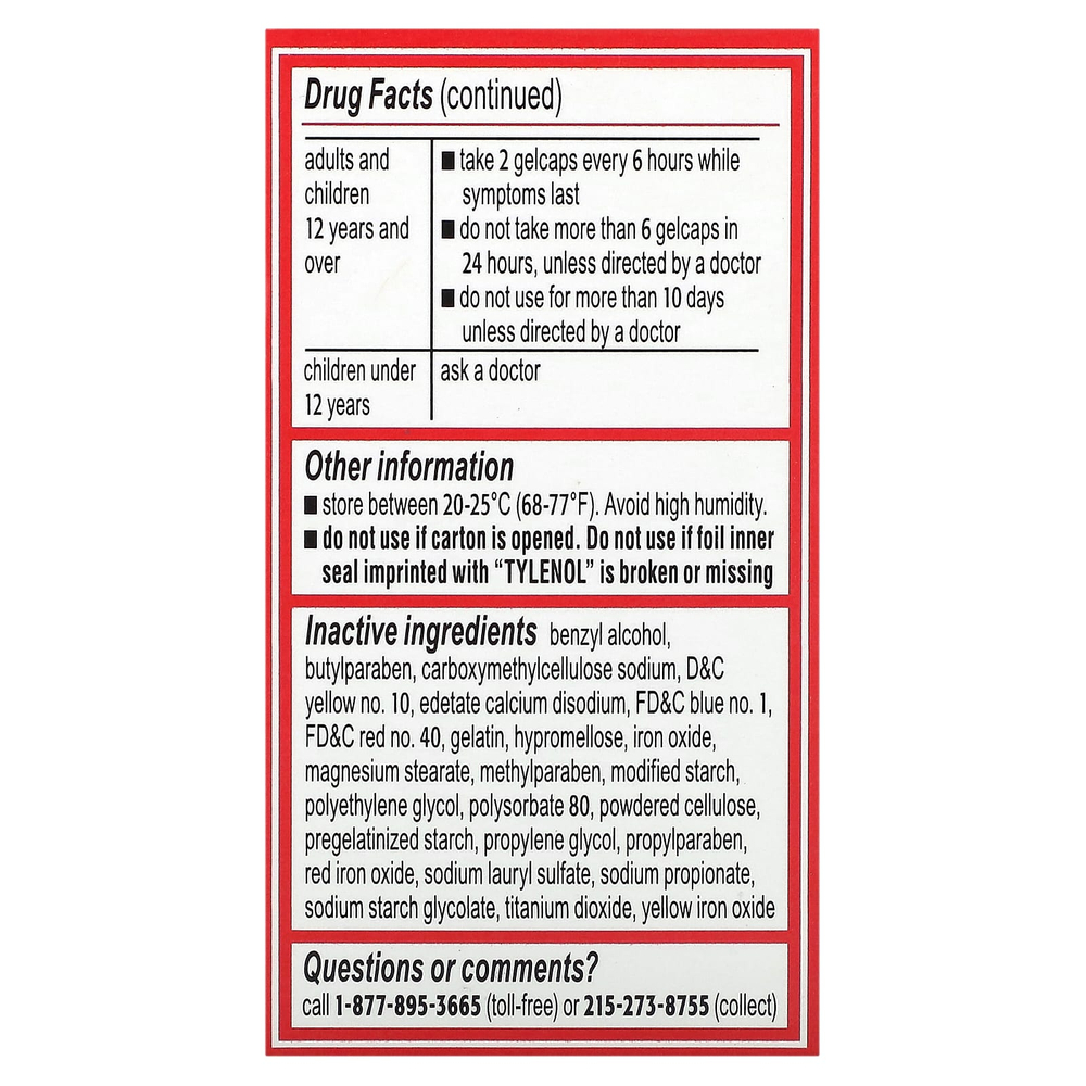 Tylenol, Гели с быстрым высвобождением, ацетаминофен повышенной силы для взрослых, 500 мг, 24 капсулы