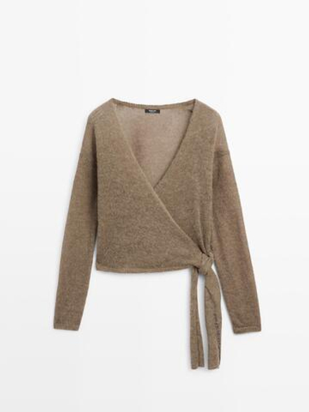Massimo Dutti Трикотажный кардиган внахлест с завязками, из смесовой альпаки, кротово-коричневый