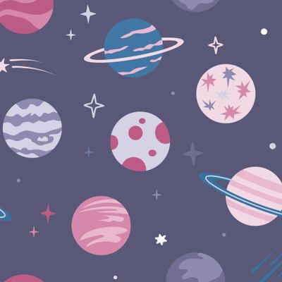 Космос. Планеты, звезды и коменты на сиреневом фоне