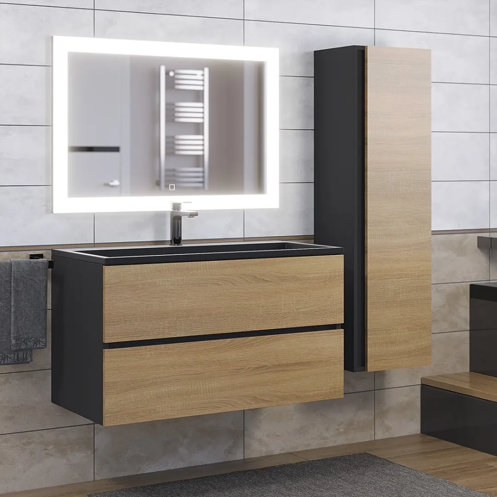 Тумба с раковиной Uperwood Barsa 90 см, раковина черная глянцевая, подвесная тумба черная/дуб сонома