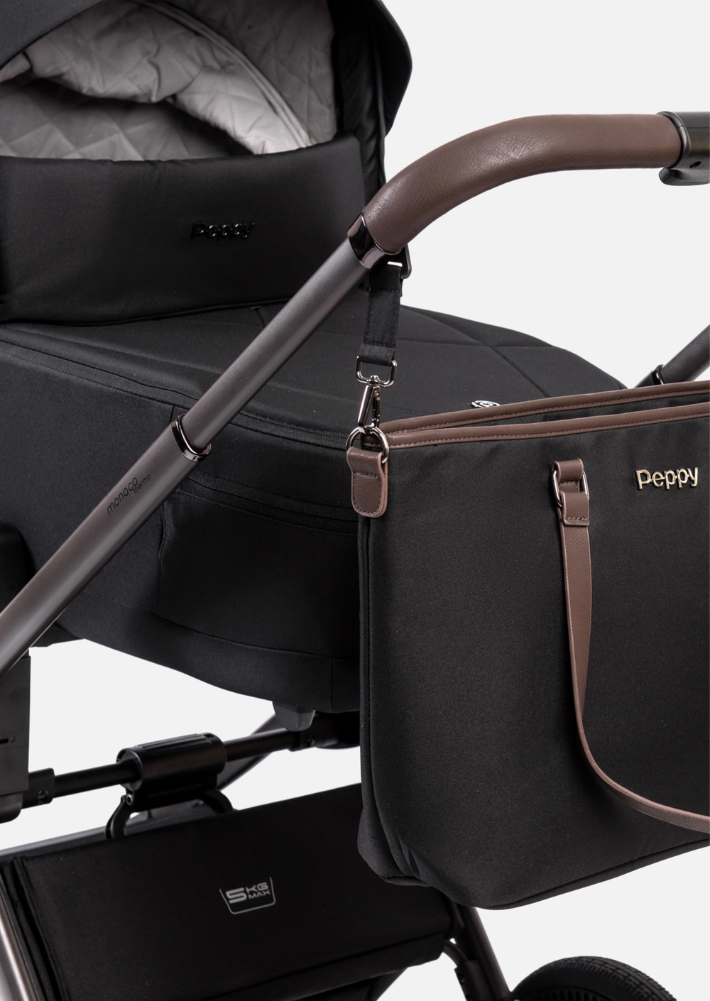 Peppy Коляска детская Monaco thermo 2 в 1 Black (черный), рама серо-коричневая