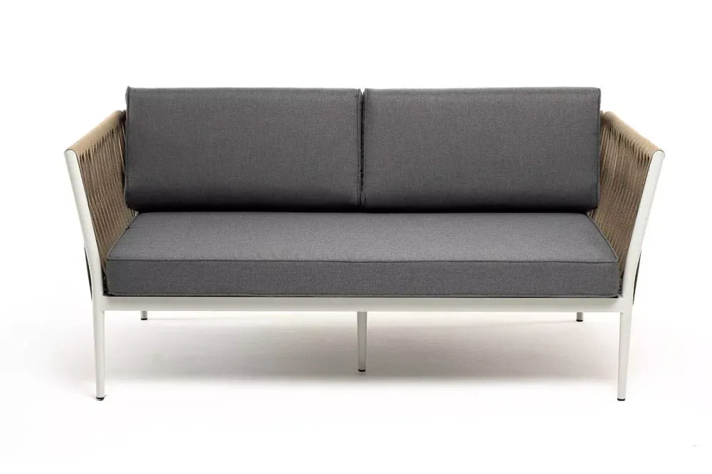 "Касабланка" диван 2-местный плетеный из роупа, каркас алюминий светло-серый (RAL7035) муар, роуп серо-коричневый 23мм, ткань серая 017