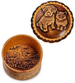 Народные промыслы BST-118/ 1 Шкатулка «Кошка с собакой» мал. (береста)