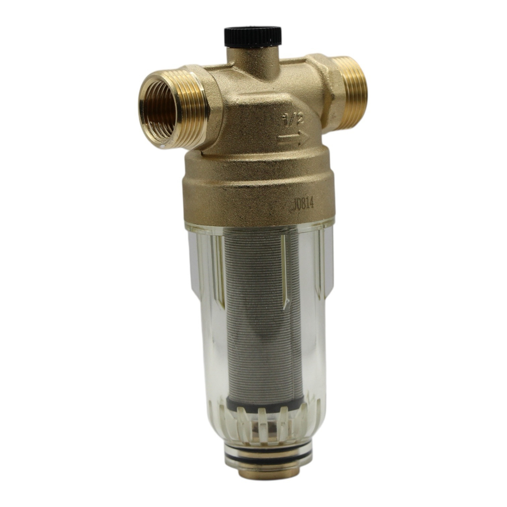 Фильтр самопромывной TIM 1/2" с манометром в стеклянном корпусе