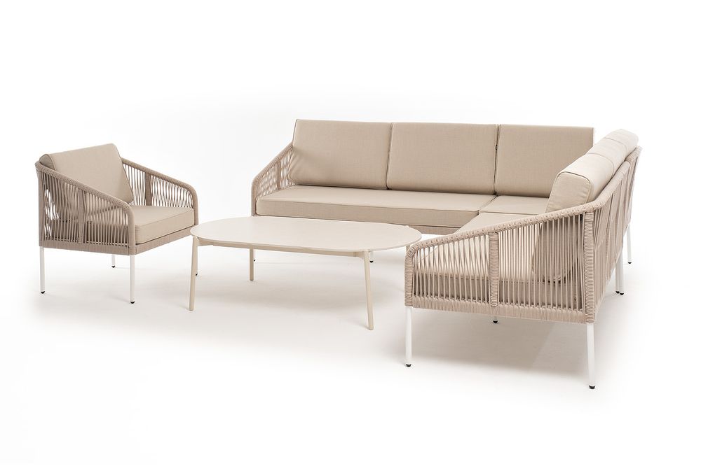 "Канны" модульная угловая лаунж-зона из роупа (веревки) со столом "Диего" (молочный), цвет бежевый