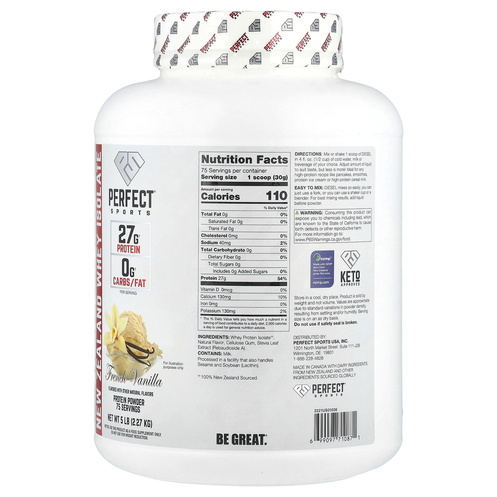PERFECT Sports, Diesel®, изолят сыворотки из Новой Зеландии, французская ваниль, 2,27 кг (5 фунтов)