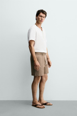 ZARA ШОРТЫ RELAXED FIT ИЗ ХЛОПКА И ЛЬНА, КОРИЧНЕВЫЙ/ЭКРЮ