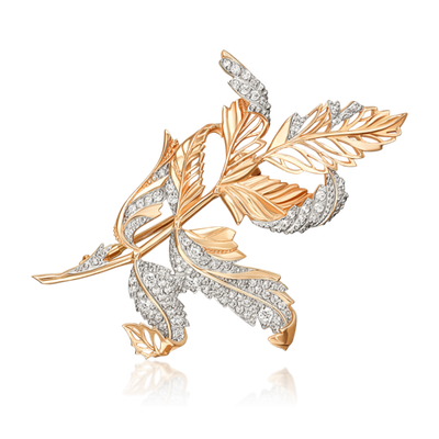 Брошь «Листья» из красного золота с фианитами