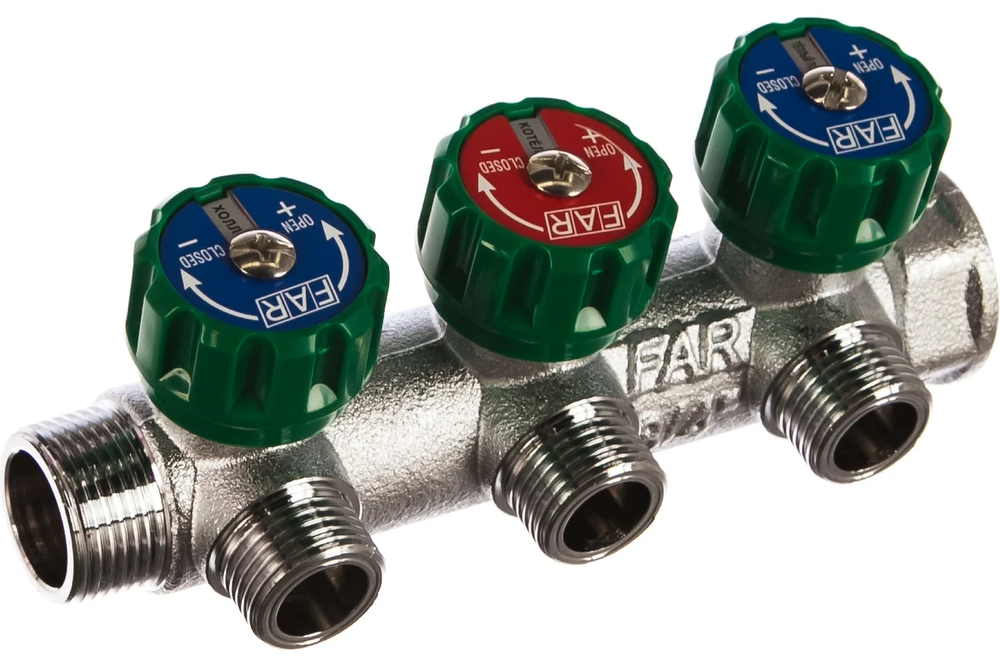 Регулирующий коллектор 3/4" (ВР-НР) с 3 отв. 1/2" НР (межосев. 45 мм)