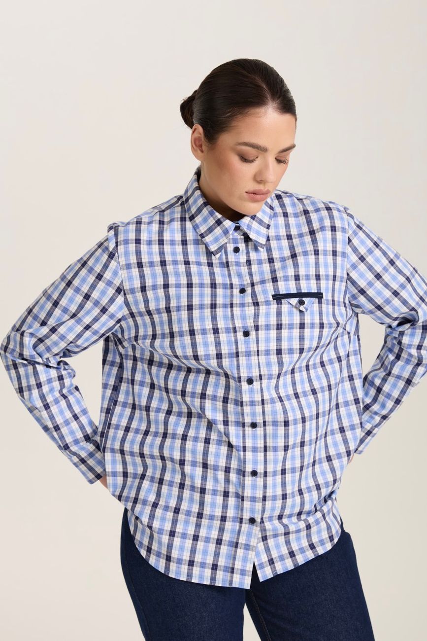Рубашка с декоративным карманом в клетку, синий