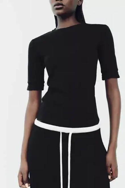 ZARA ТОП В РУБЧИК С ДЕКОРАТИВНЫМИ ДЕТАЛЯМИ, ЧЕРНЫЙ